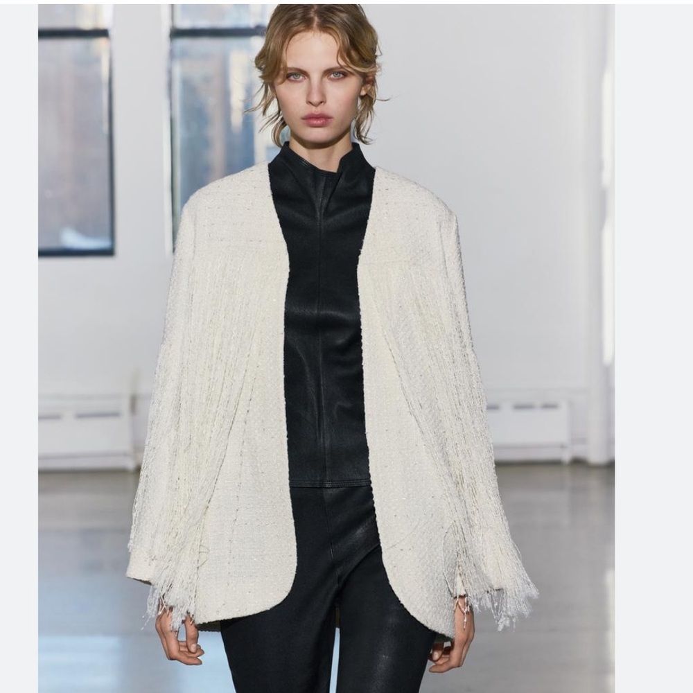 Zara Cream Fringe Tweed Open-Front Blazer